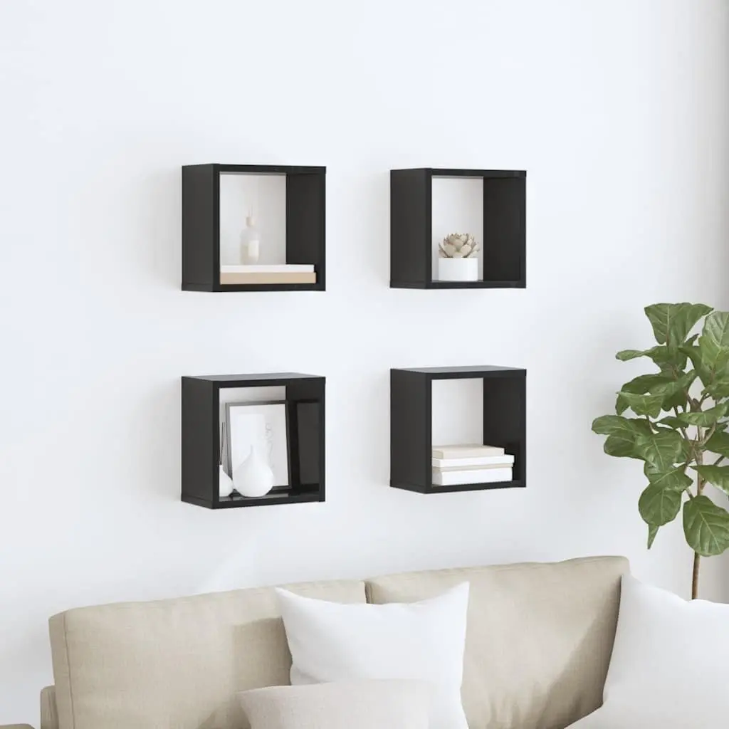 Wall Cube Shelves 4 Pieces Floating Storage Display Black Living Room Bedroom