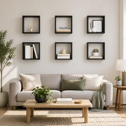 Wall Cube Shelves 6 Pieces Grey Floating Storage Display Organizer Set