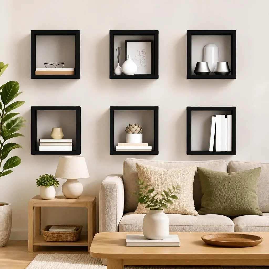 Wall Cube Shelves Floating Storage Display Organizer Black 6 Piece Set