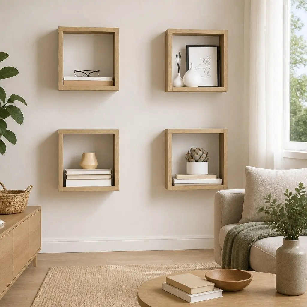 Wall Cube Shelves Floating Storage Display 4 Piece Set Brown