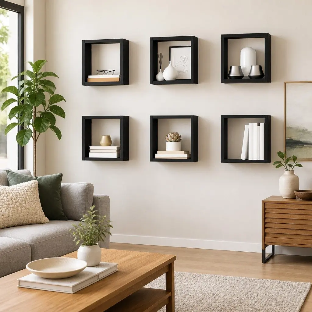 Floating Grey Cube Shelves Set 6 Pieces Wall Storage Display for Home Decor