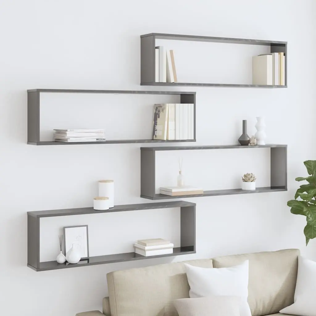 Cube Shelves Grey High Gloss 4 Piece Floating Storage Display Organiser