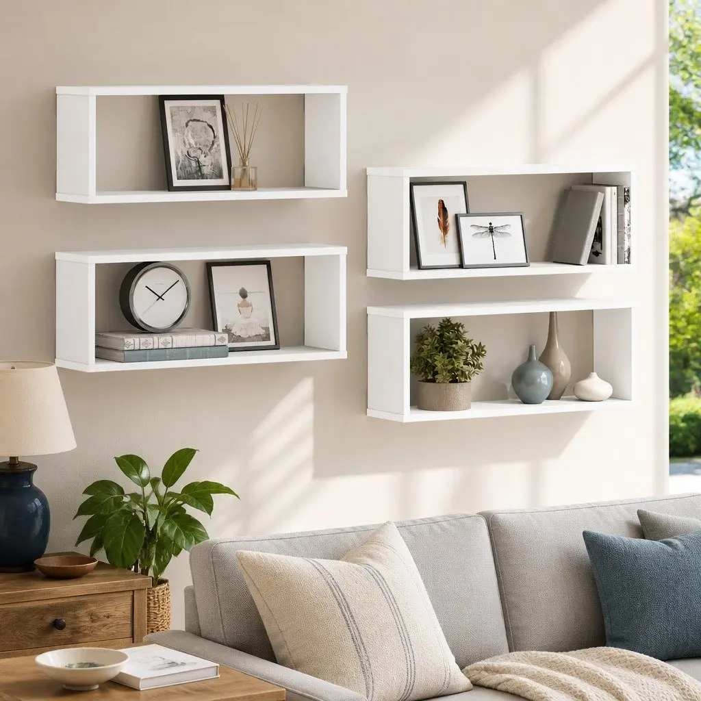 Wall Cube Shelves Set White Storage Display 60 x 15 x 23 cm 4 Piece