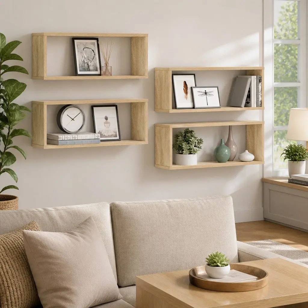 Wall Cube Shelves Brown Floating Storage Display Organiser Set of 4