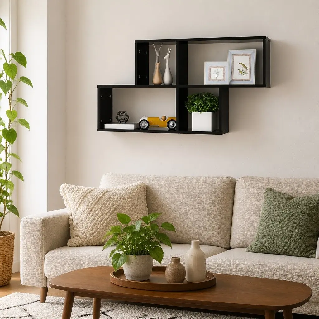 Black Floating Wall Shelf Cube Organizer Storage for Living Room Bedroom 100x18x53cm