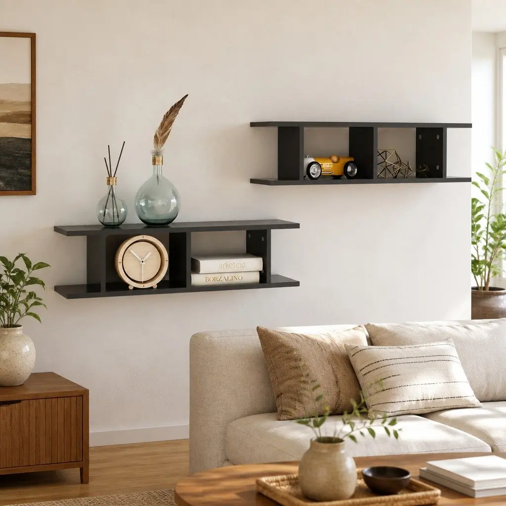 Wall Shelves Grey Floating Cube Shelf 2 Piece 75 x 18 x 20 cm Storage Home Decor Living Room