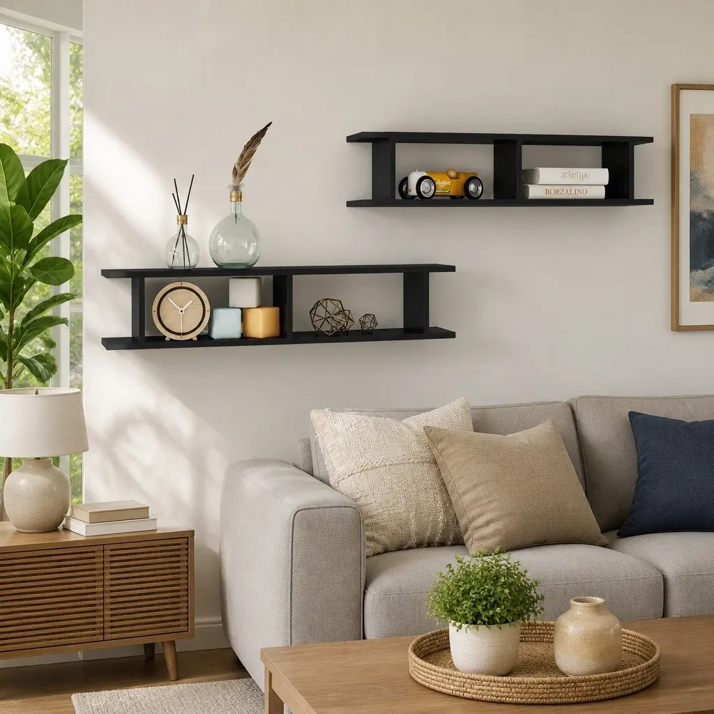 Floating Wall Shelves 2pc Grey High Gloss Cube Display Shelf Living Room Bedroom