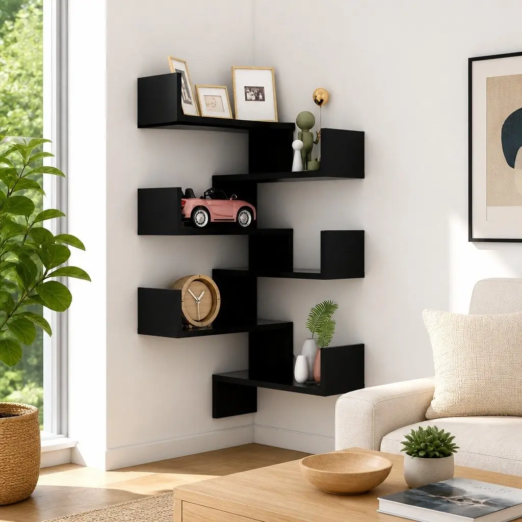 Wall Corner Shelves Black 40x40x50 cm 2 Piece Storage Display Floating Shelf