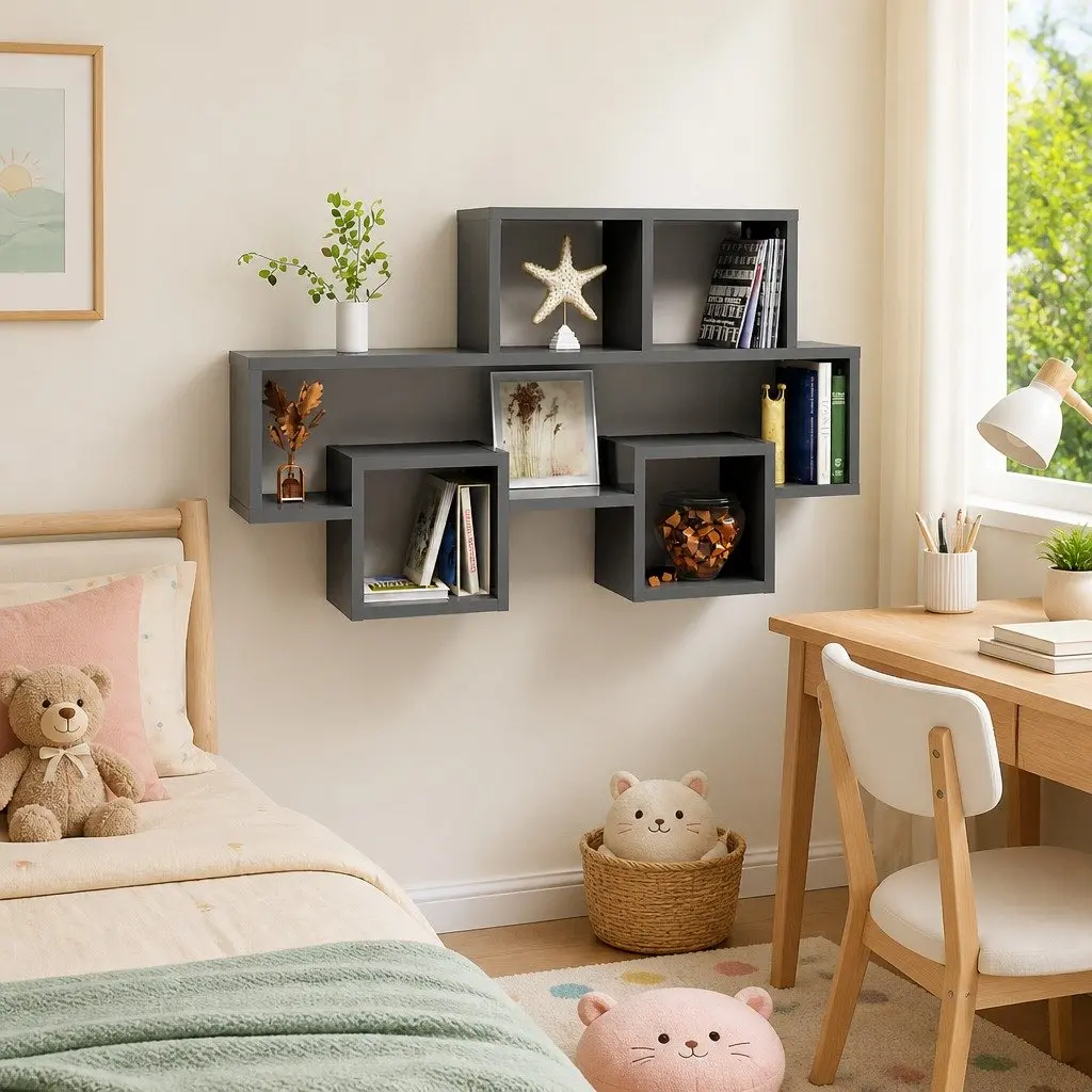 Car-Shaped Wall Shelf Grey Open Compartment 82L x 15W x 51H cm