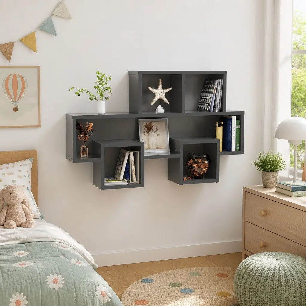 Car-Shaped Wall Shelf Grey Floating Shelving Unit 82W x 15D x 51H cm