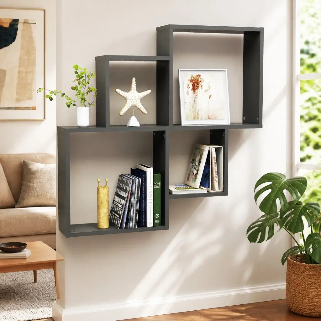 Wall Cube Shelf Grey Open Compartments 80 x 15 x 78.5 cm Storage Display Hanging Shelving Unit