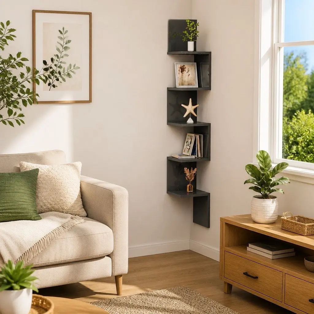Wall Corner Shelf Grey High Gloss Display Storage Living Room Bedroom Kitchen