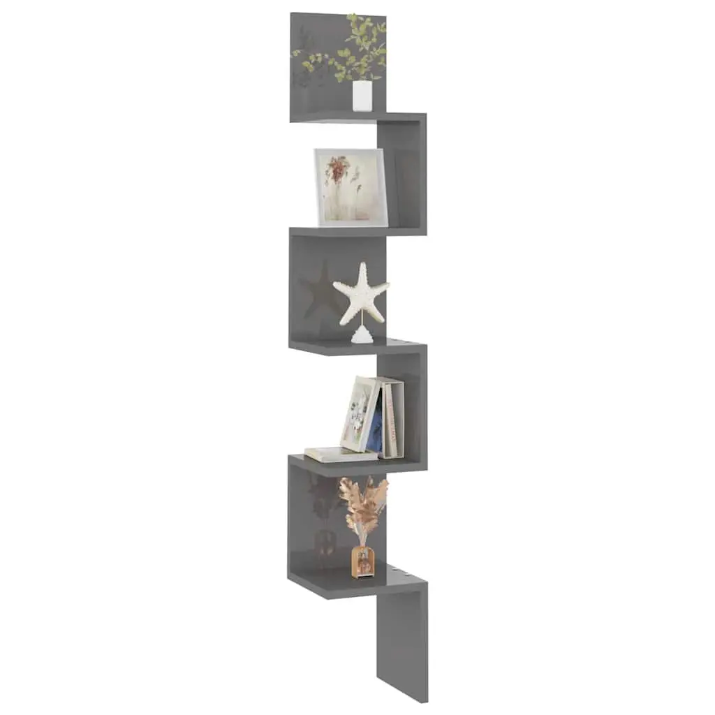 Wall Corner Shelf Grey High Gloss Display Storage Living Room Bedroom Kitchen