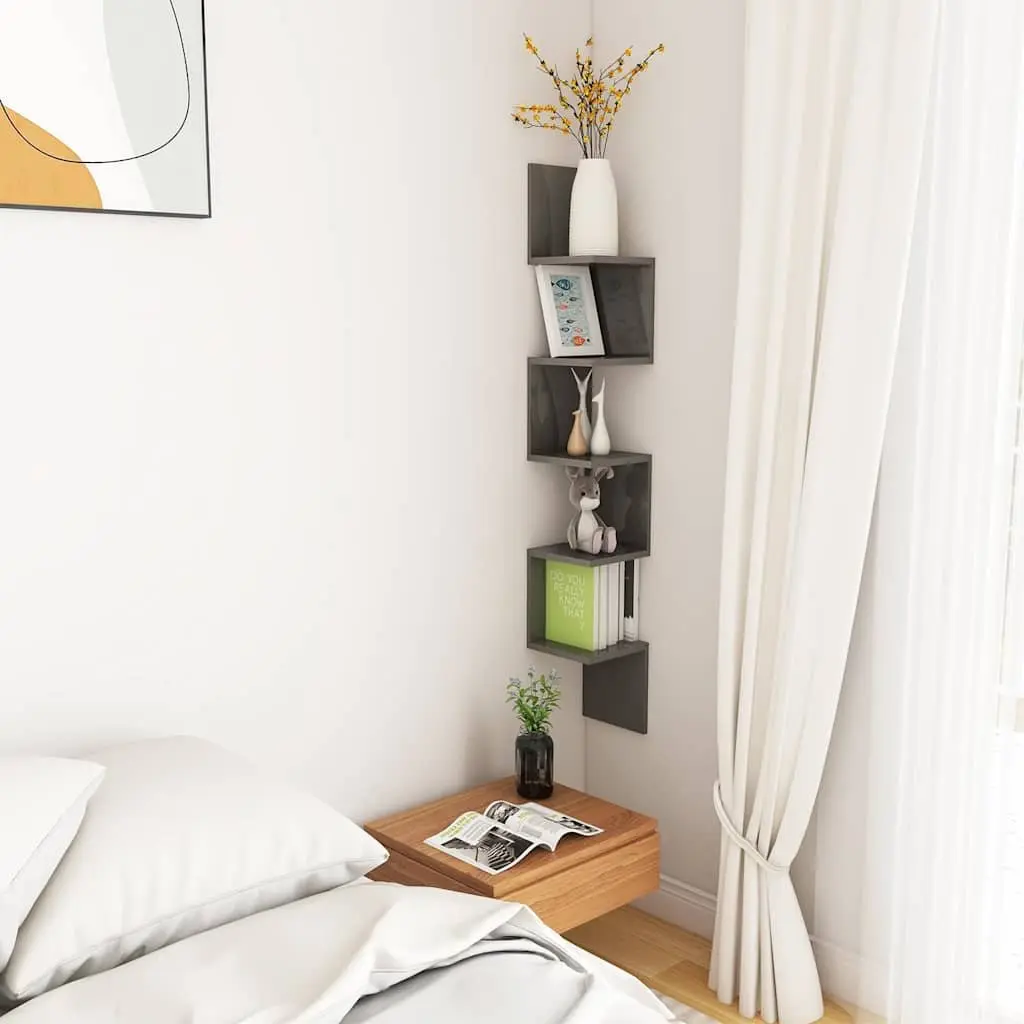 Wall Corner Shelf Grey High Gloss Display Storage Living Room Bedroom Kitchen