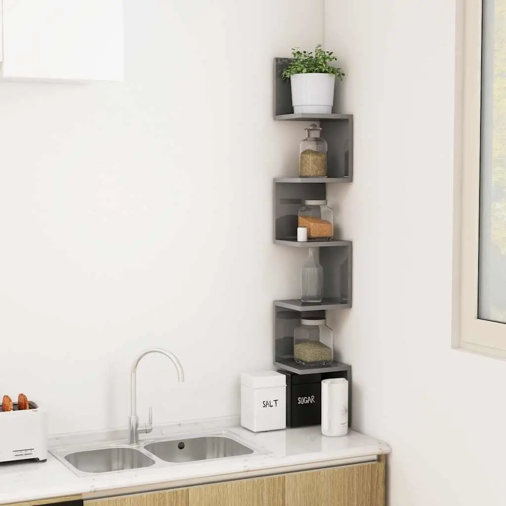 Wall Corner Shelf Grey High Gloss Display Storage Living Room Bedroom Kitchen