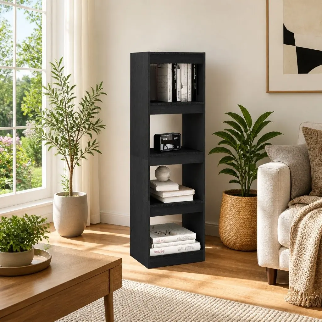 Book Cabinet Room Divider Grey Pinewood Shelving Unit 40 x 30 x 135.5 cm