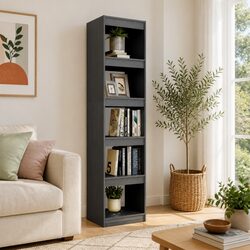 Friendly Grey Pinewood Book Cabinet Room Divider with 5 Shelves