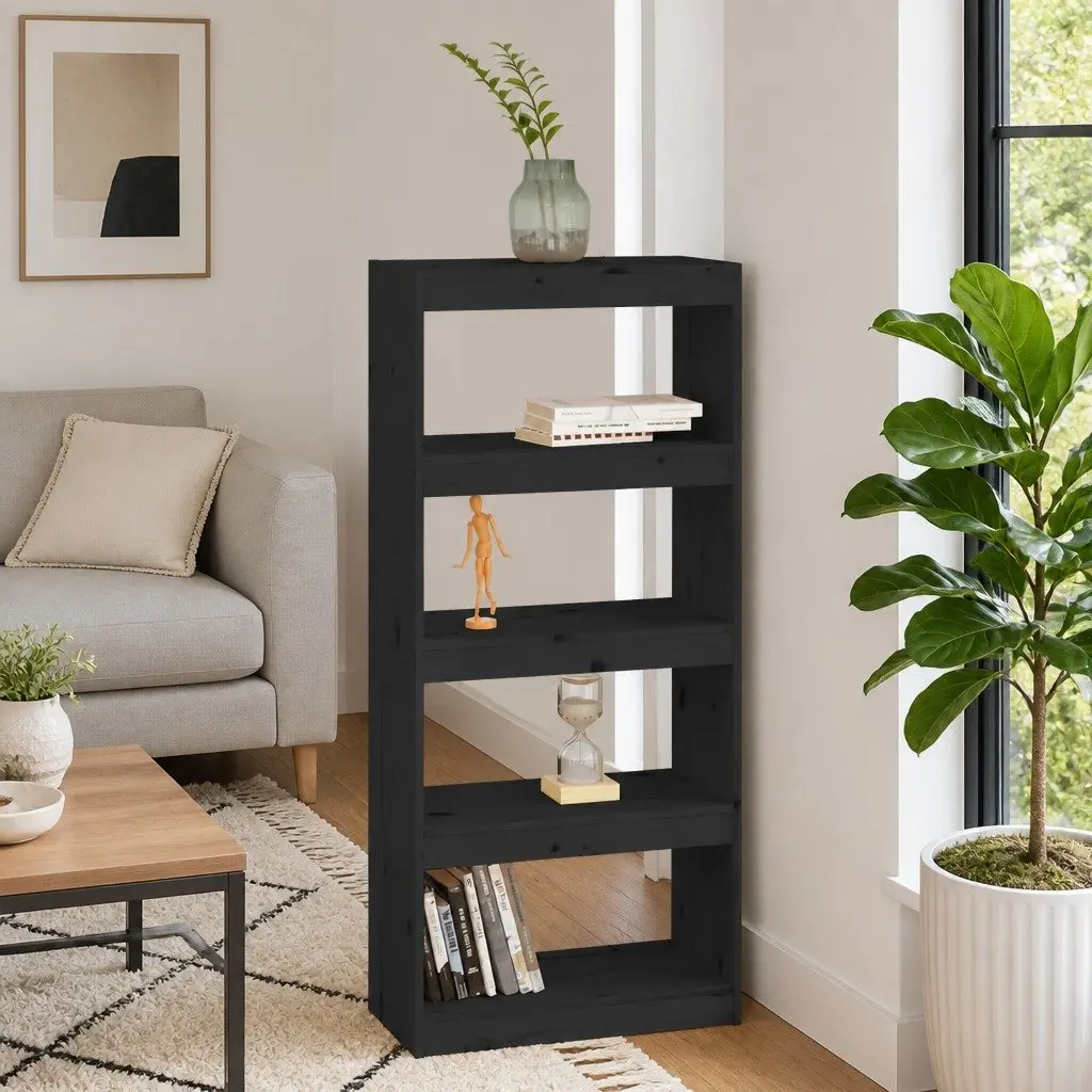 Book Cabinet Room Divider Black Solid Wood Pine Shelving Unit 60 x 30 x 135.5 cm