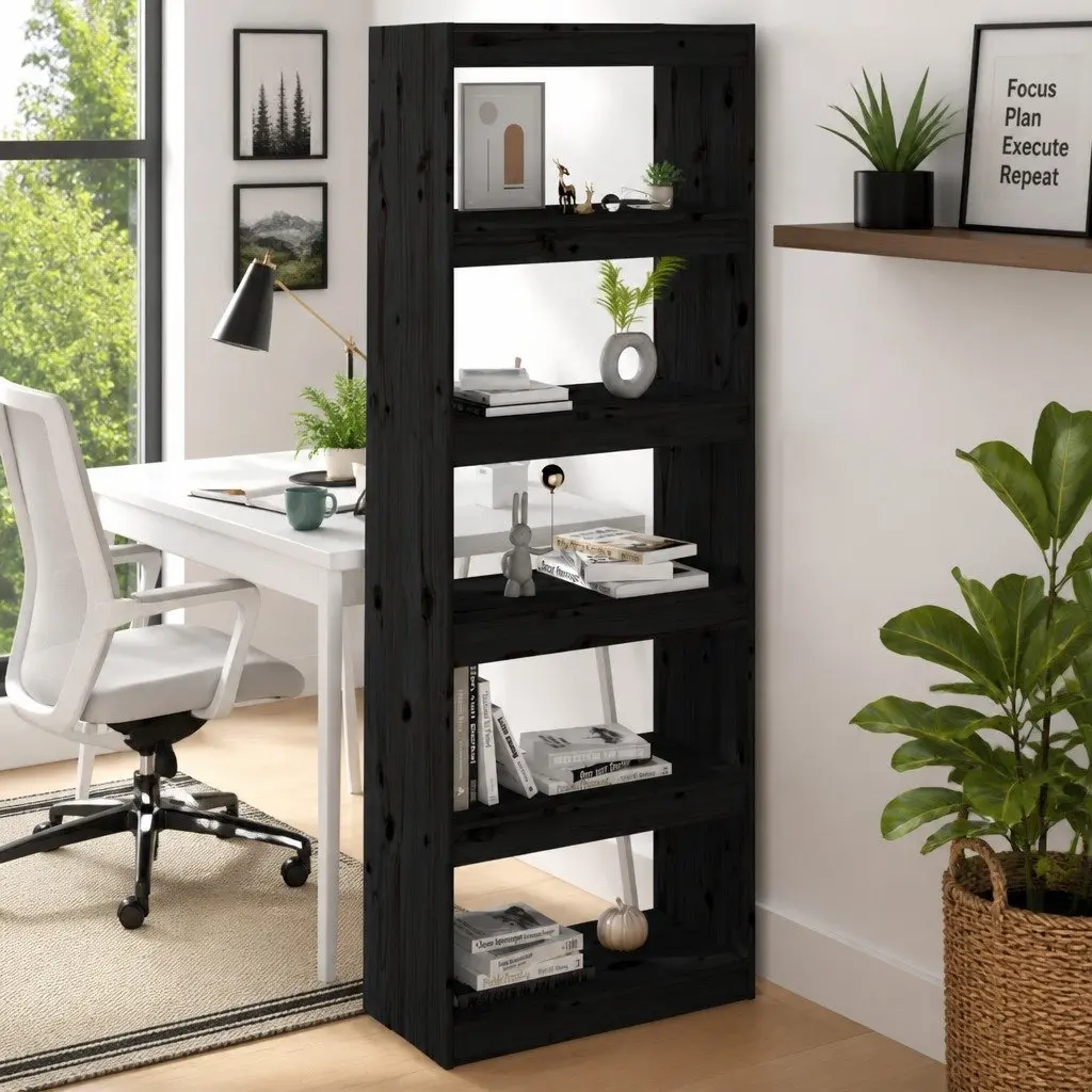 Book Cabinet Room Divider Black Solid Pine Wood 60x30x167.5 cm