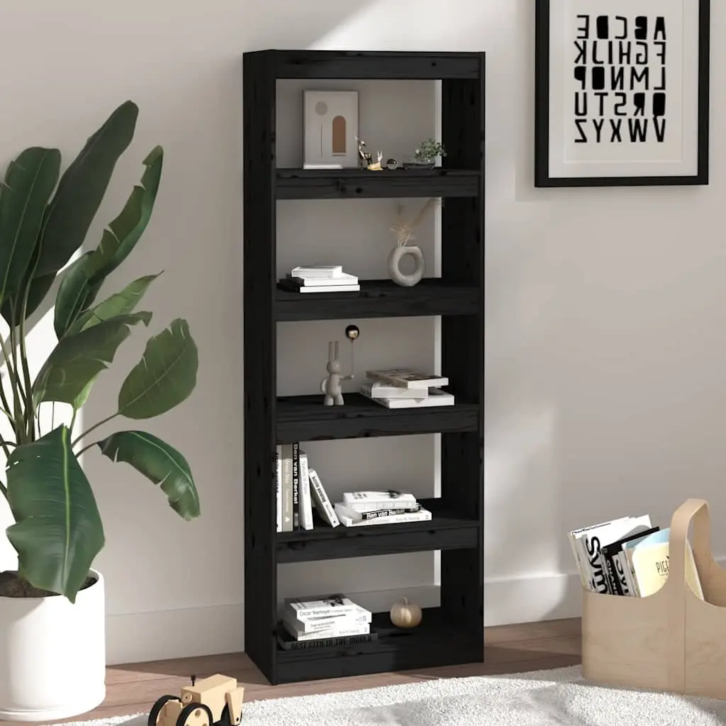 Book Cabinet Room Divider Black Solid Pine Wood 60x30x167.5 cm