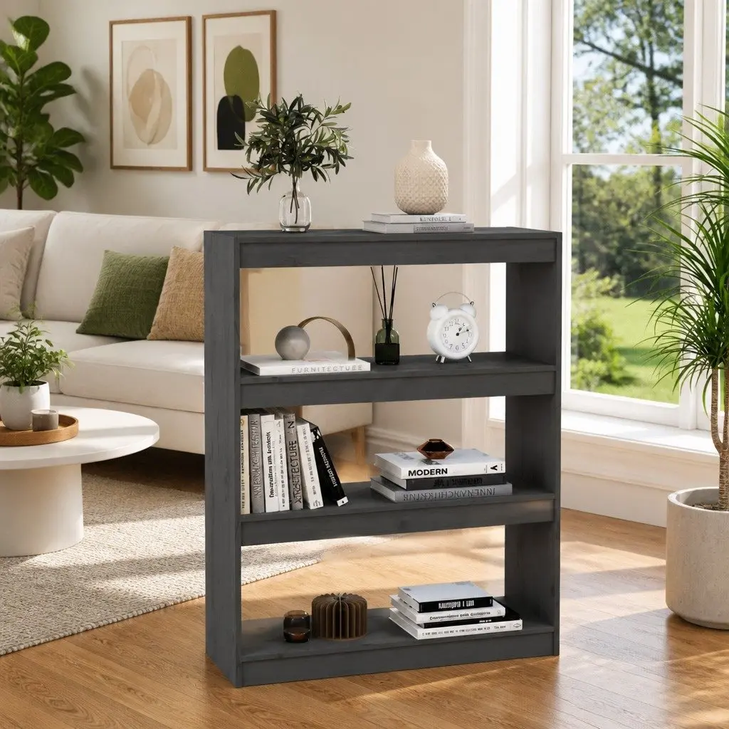 Grey Solid Pine Wood Organizer with 3 Storage Areas