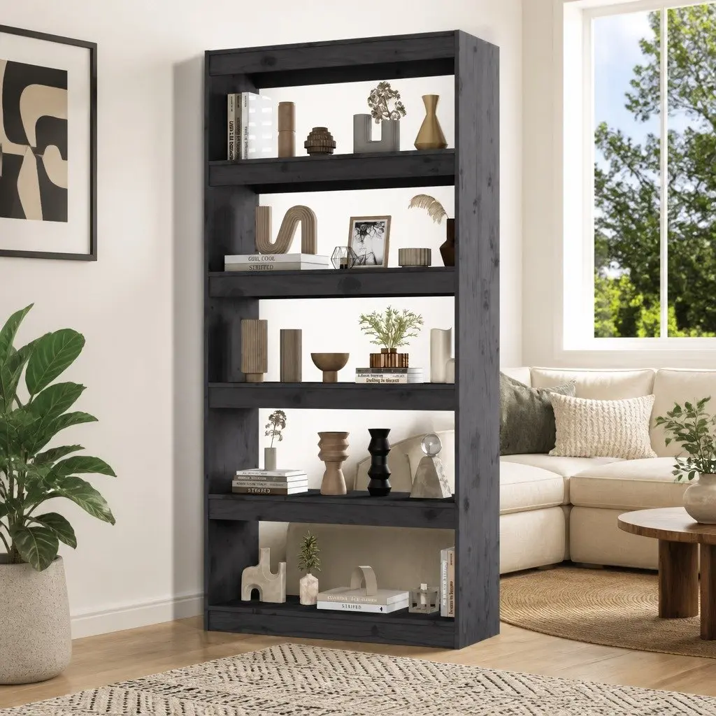 Book Cabinet Room Divider Grey Solid Pine Wood 80x30x167.4 cm