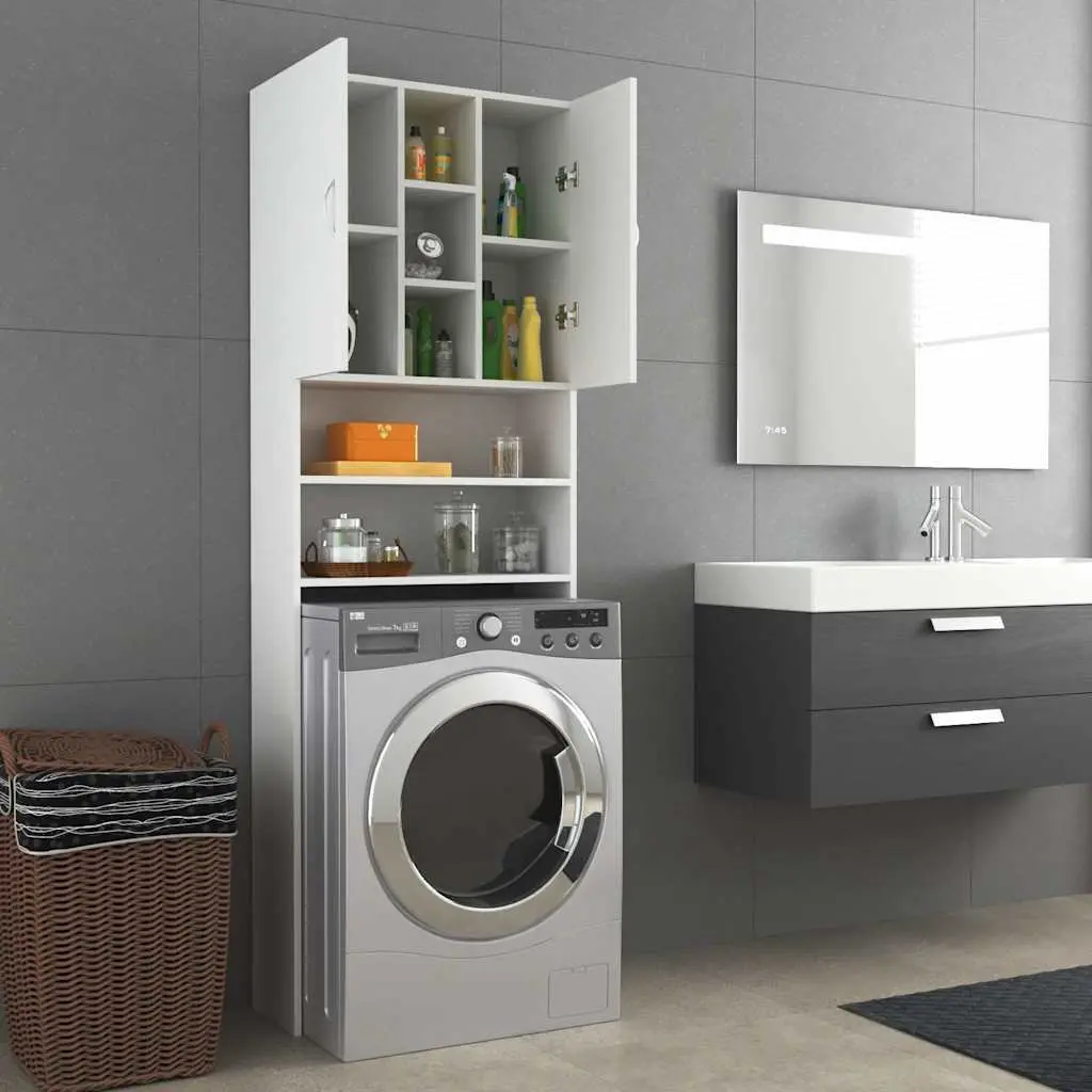 White Washing Machine Cabinet Bathroom Storage Cupboard 2 Doors 9 Compartments