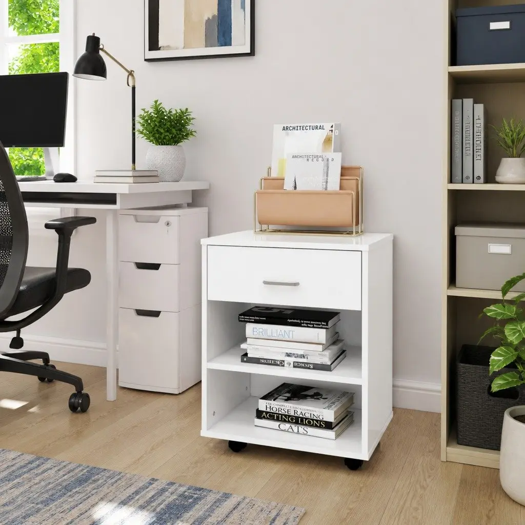 Rolling Storage Cabinet Mobile White Engineered Wood 46W x 36D x 59H cm