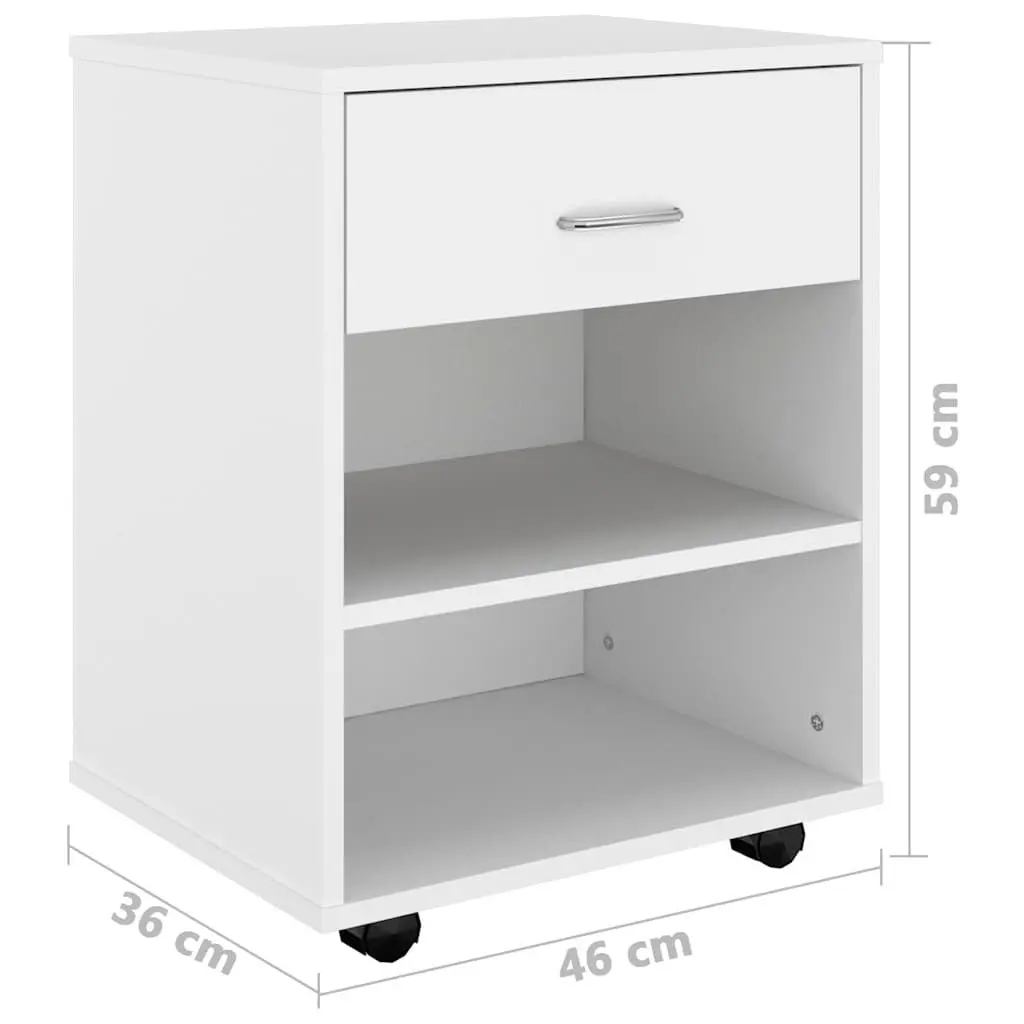 Rolling Storage Cabinet Mobile White Engineered Wood 46W x 36D x 59H cm