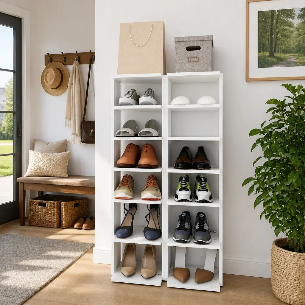 Shoe Cabinet 27.5x27x102cm White Storage Organiser 6 Shelves Narrow Corner