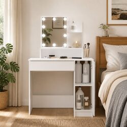 White Dressing Table with LED Mirror Lights Makeup Vanity Desk Bedroom Furniture