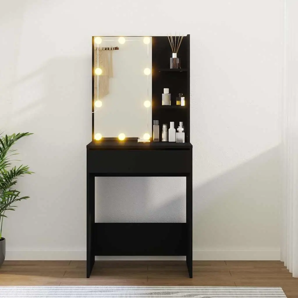 Black Dressing Table with LED Mirror Lights USB Vanity Makeup Desk Storage