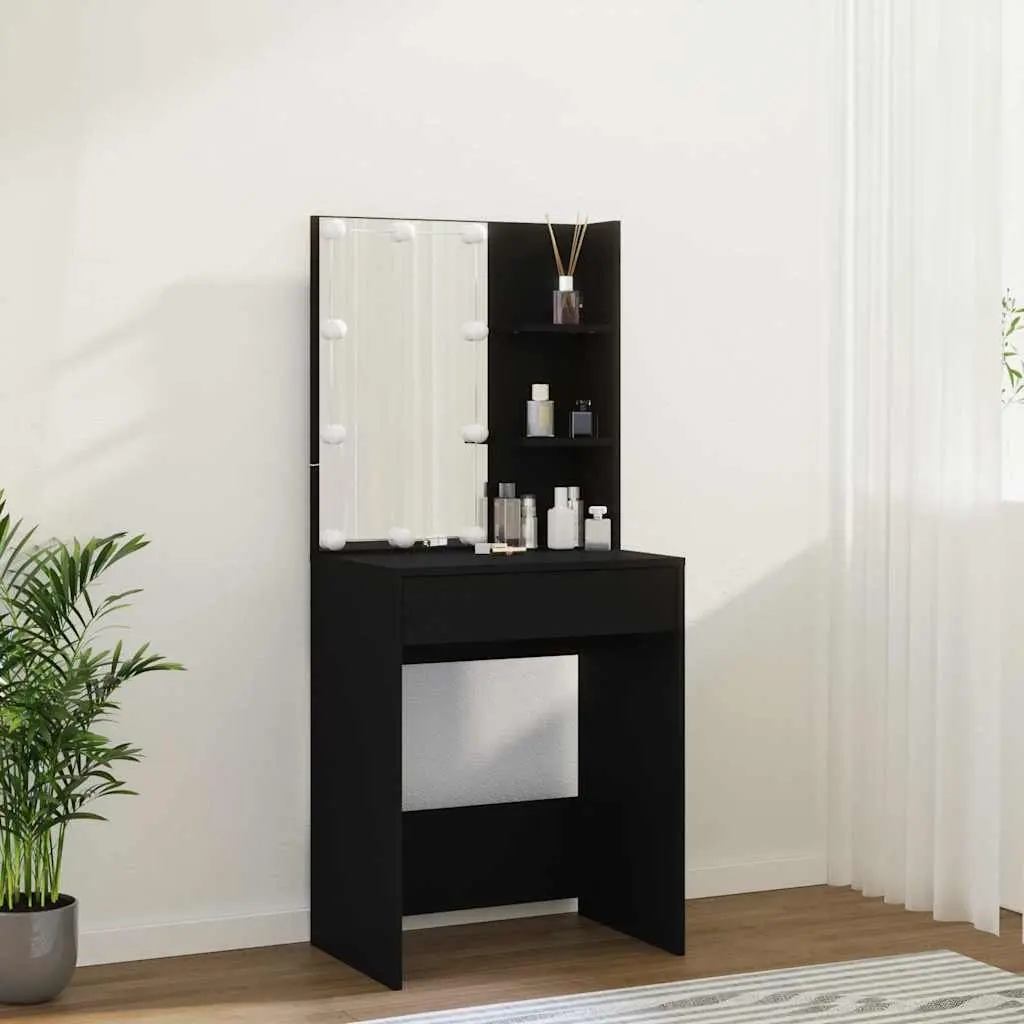 Black Dressing Table with LED Mirror Lights USB Vanity Makeup Desk Storage