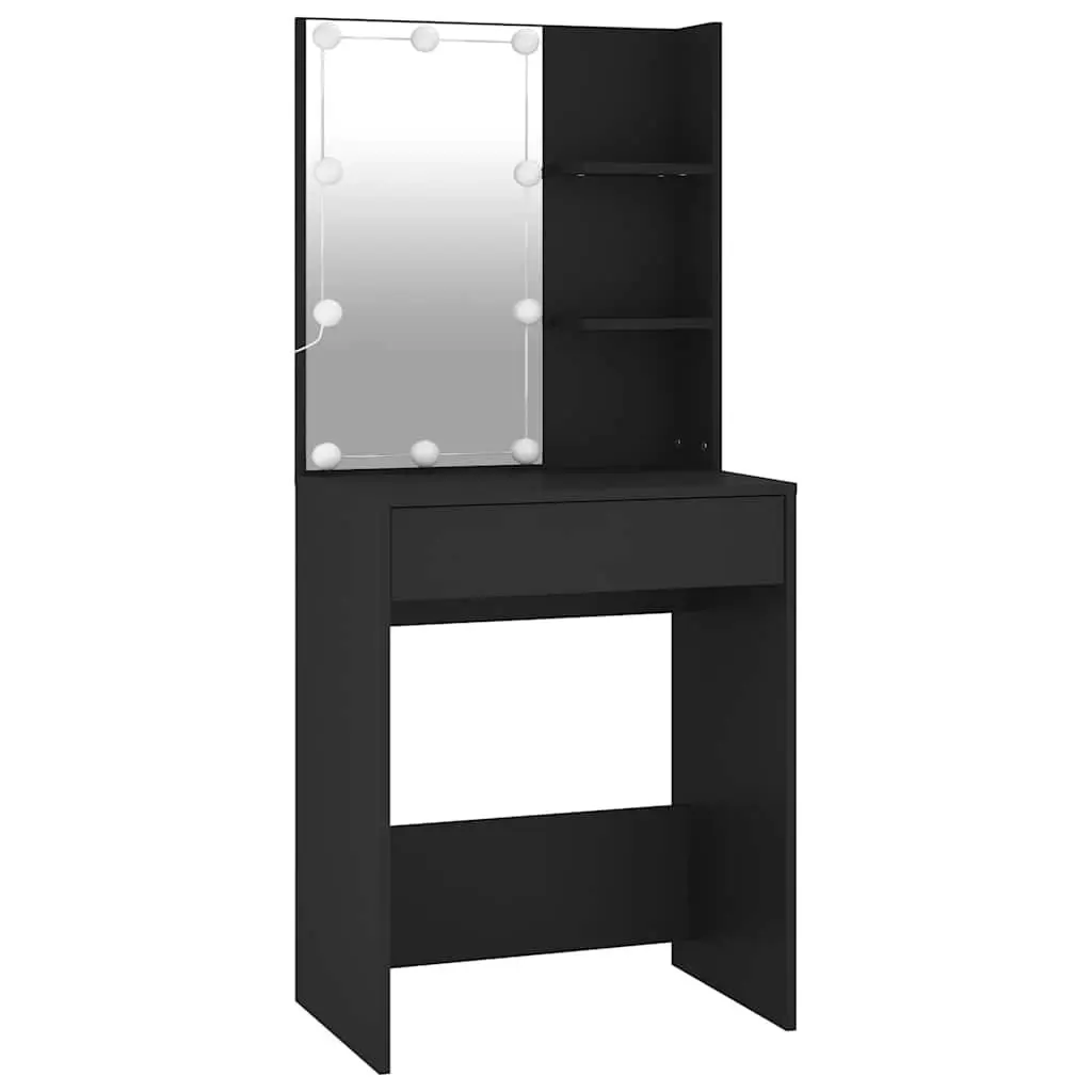 Black Dressing Table with LED Mirror Lights USB Vanity Makeup Desk Storage