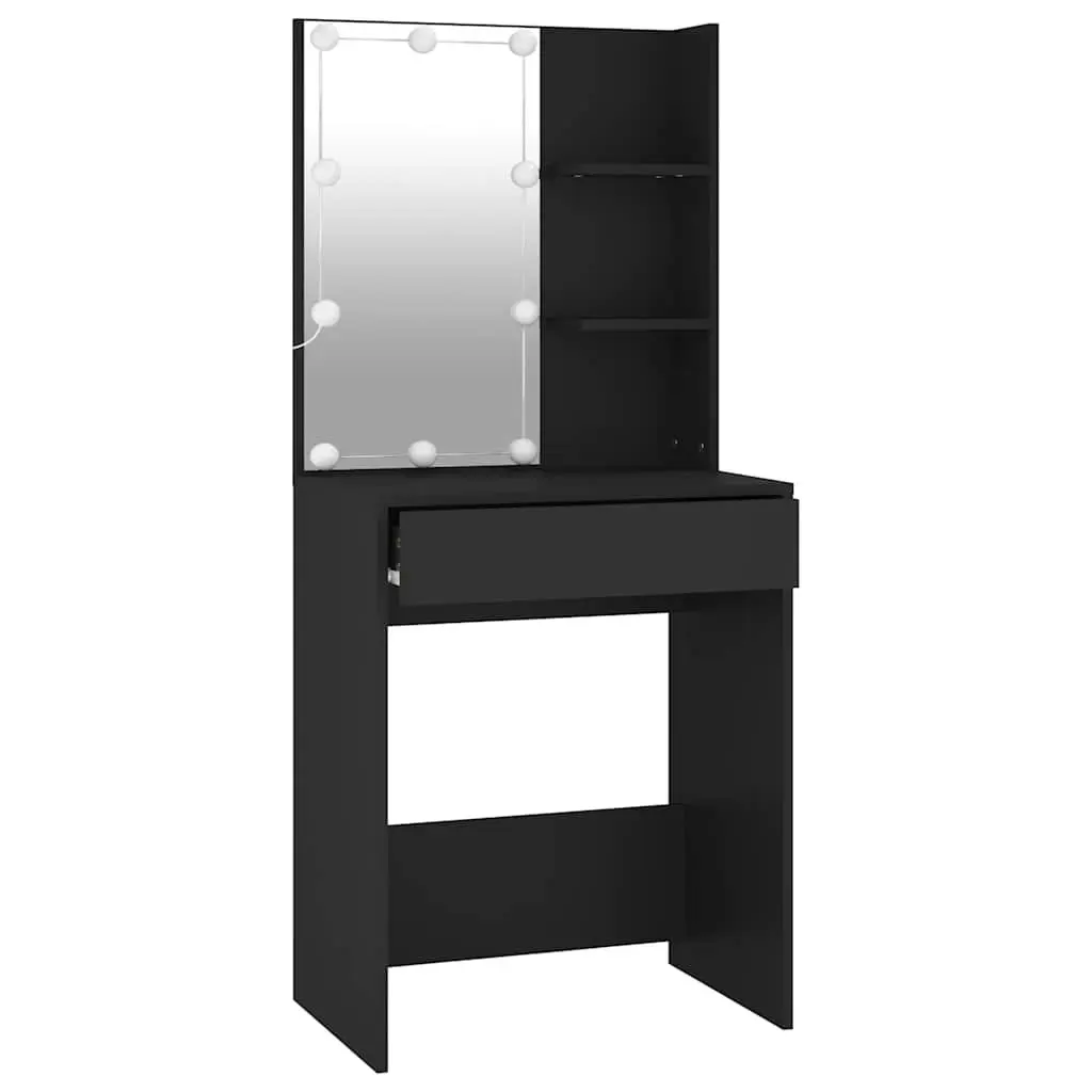 Black Dressing Table with LED Mirror Lights USB Vanity Makeup Desk Storage