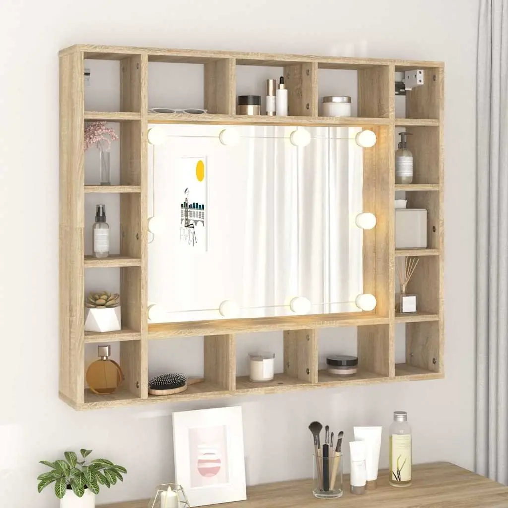 Bathroom Mirror Cabinet with LED Lights Wall-Mounted Storage Vanity Unit Brown