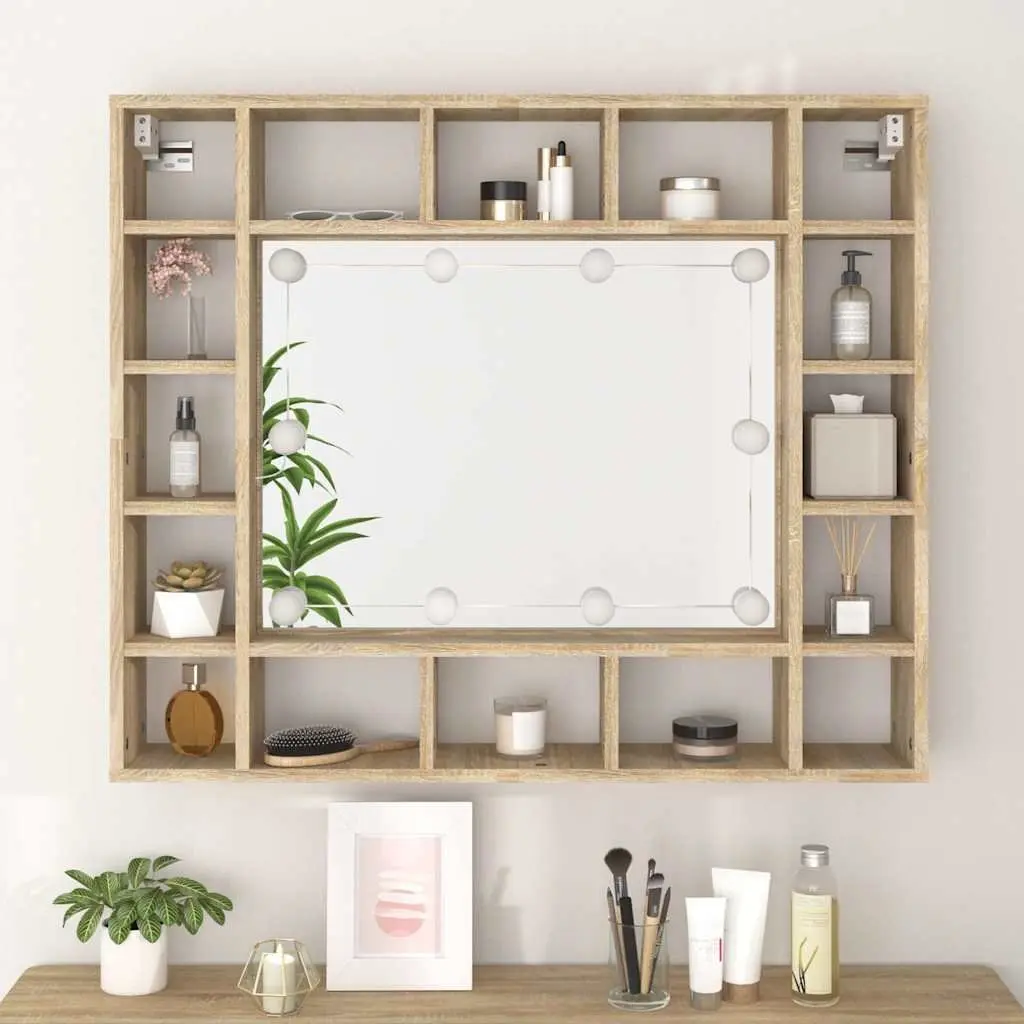 Bathroom Mirror Cabinet with LED Lights Wall-Mounted Storage Vanity Unit Brown