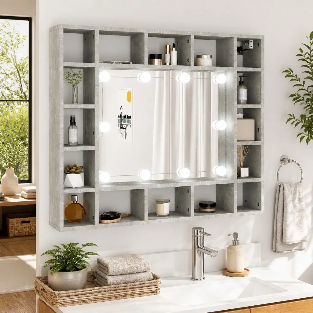 Bathroom Cabinet LED Mirror Grey Wall-Mounted Storage 91 x 15 x 76.5 cm