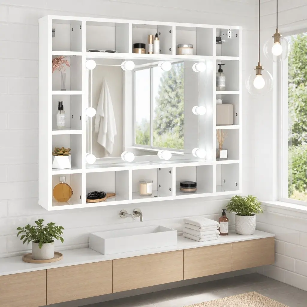Bathroom Mirror Cabinet LED White Vanity Storage 91x15x76.5cm Wall-Mounted