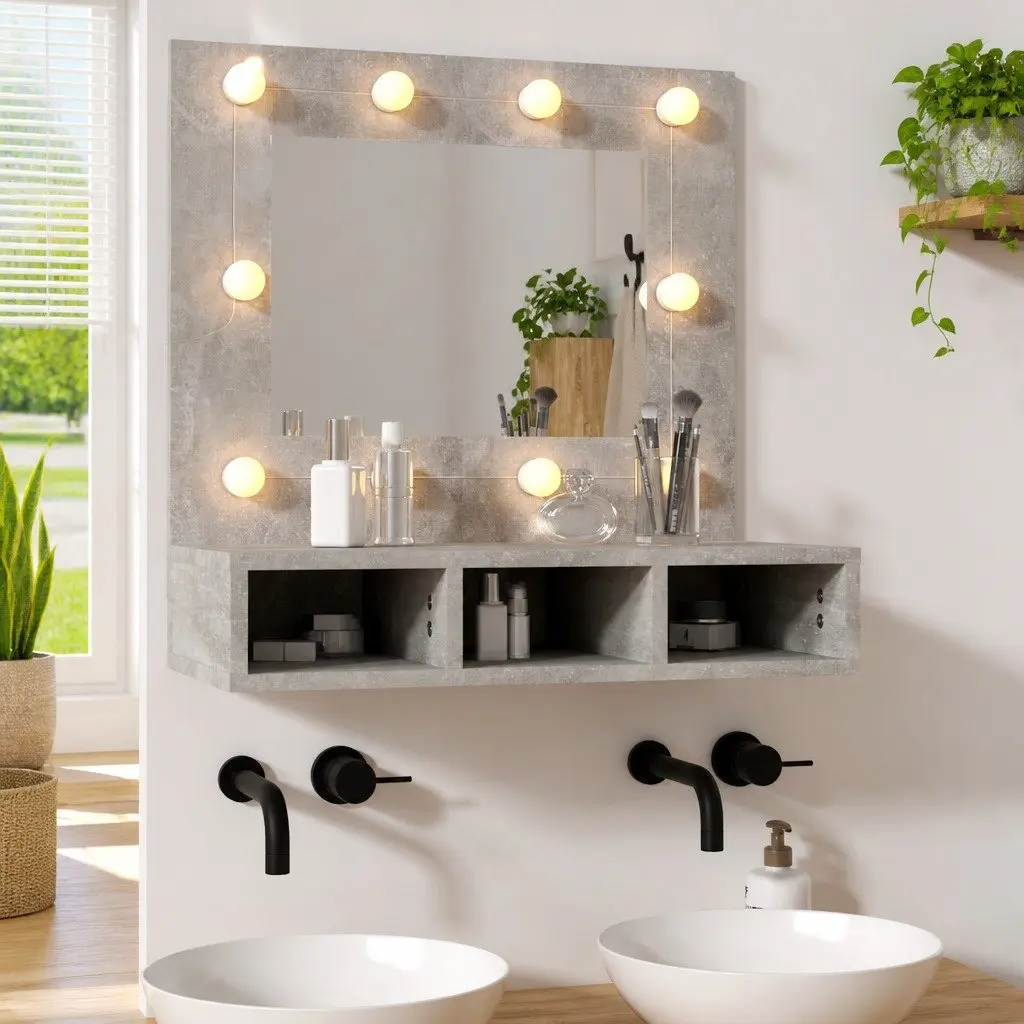Bathroom Cabinet LED Mirror Unit Grey 60 x 31.5 x 62 cm Wall Mounted Storage Shelves