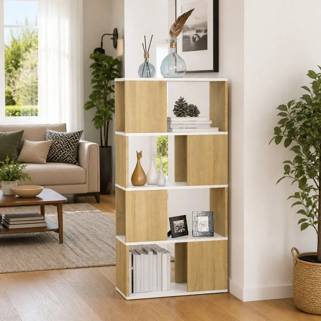 Book Cabinet Room Divider 4 Compartment Beige 60W x 24D x 124.5H cm