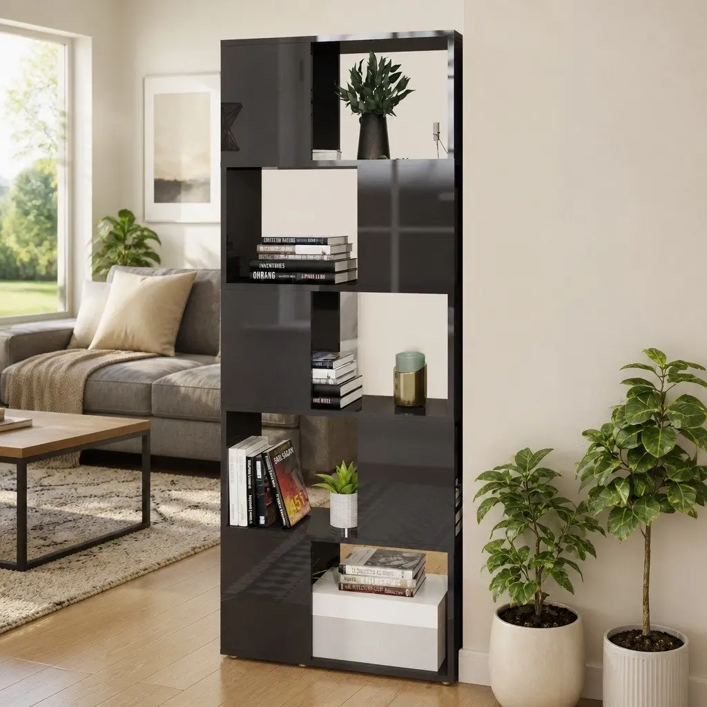 Book Cabinet Open Shelf High Gloss Grey 60W x 24D x 155H cm