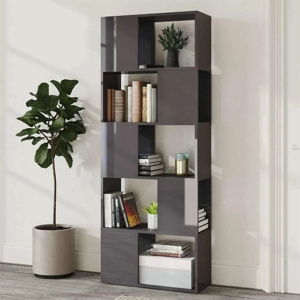 Book Cabinet Open Shelf High Gloss Grey 60W x 24D x 155H cm