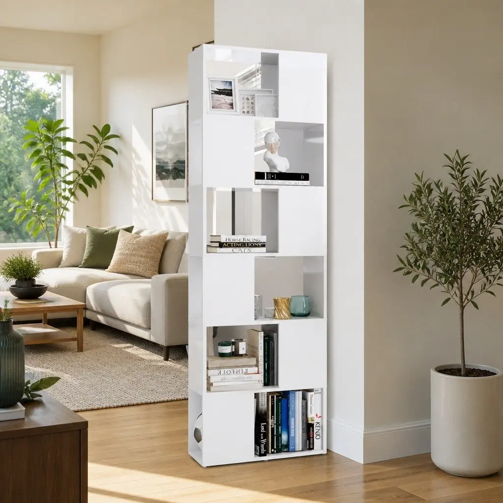 High Gloss White Book Cabinet with 6 Shelves