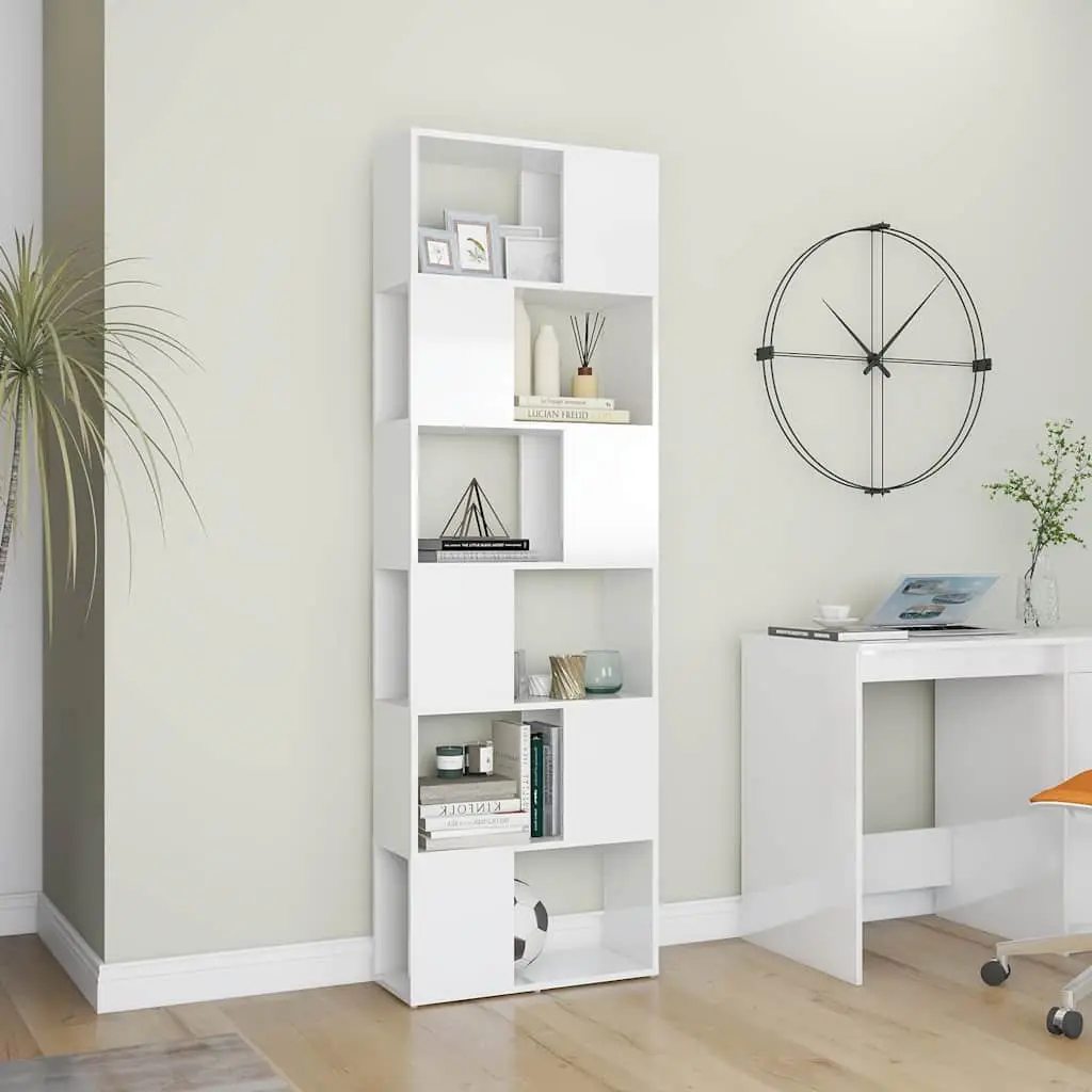 High Gloss White Book Cabinet with 6 Shelves