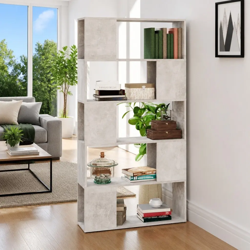 Book Cabinet Room Divider Concrete Grey Engineered Wood 80W x 24D x 155H cm