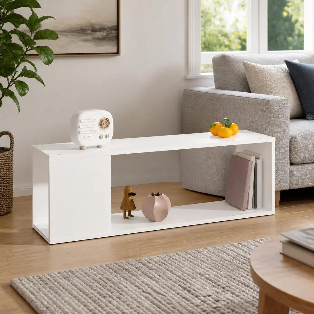 TV Cabinet White Storage Unit 100W x 24D x 32H cm with 2 Shelves