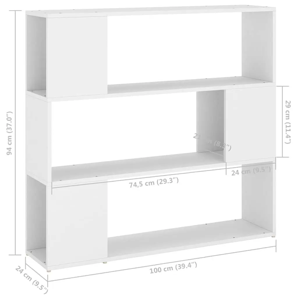 Bookshelf White Room Divider 3 Compartments 100W x 24D x 94H cm