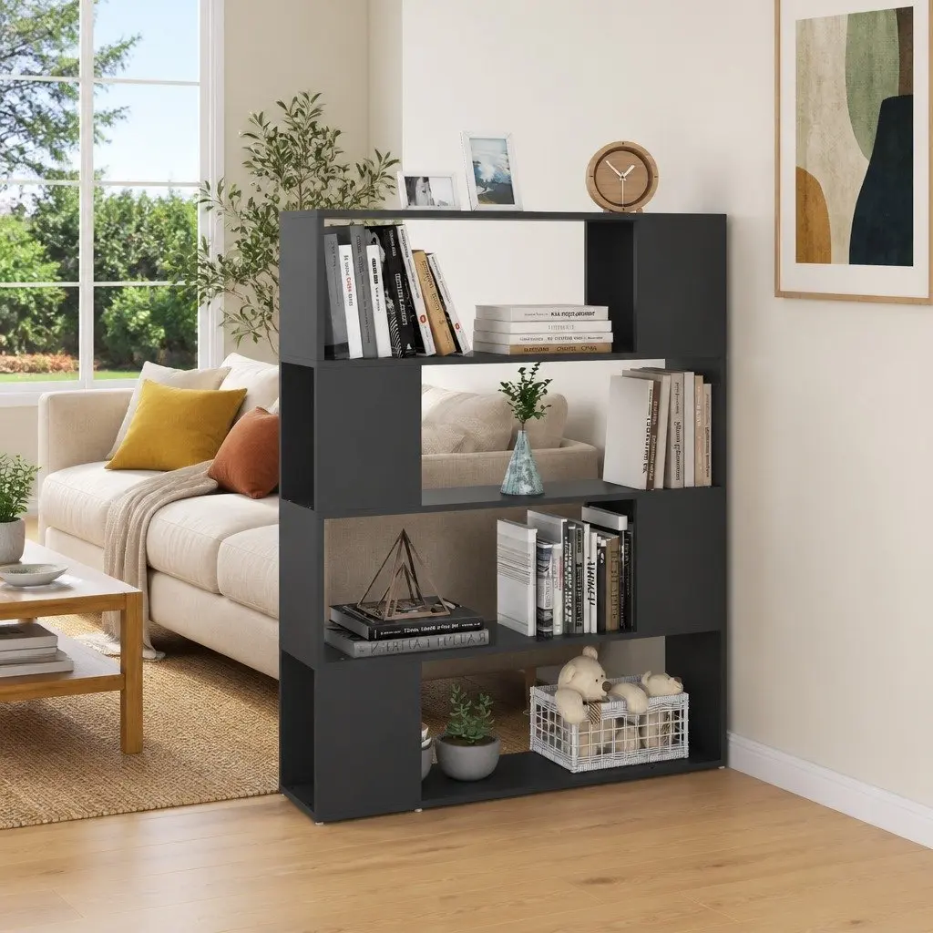 Book Cabinet Room Divider Grey 4 Compartments 100W x 24D x 124H cm