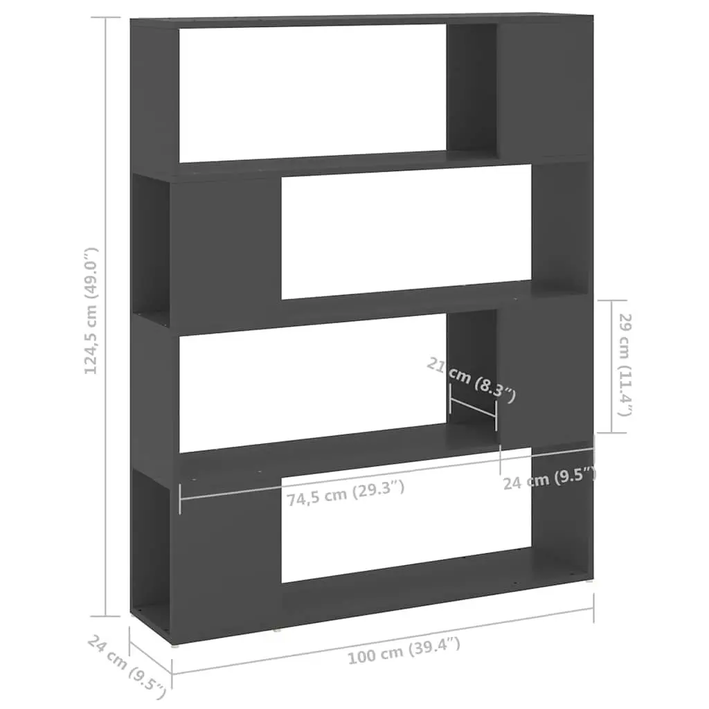 Book Cabinet Room Divider Grey 4 Compartments 100W x 24D x 124H cm